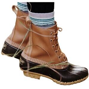 LL Bean Duck Lace Up Boots Unlined Leather Outdoor Hiking Brown Black 7